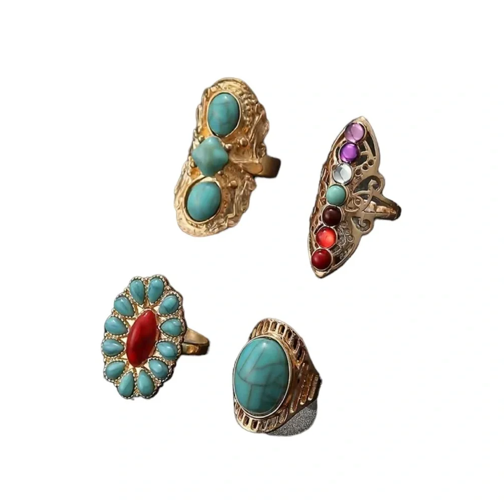 Boho Style Gold and Turquoise Stackable Ring Set